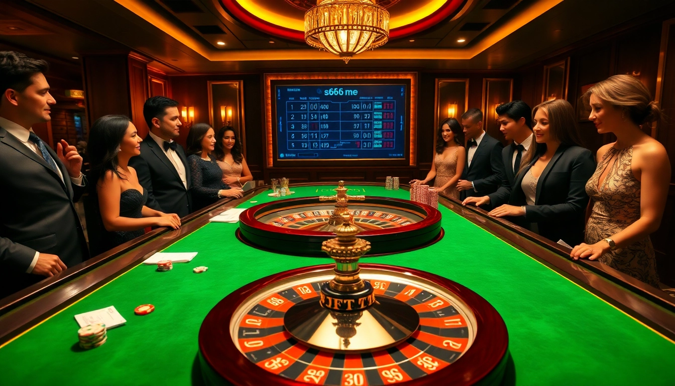 S666 me players thrillingly placing bets on a luxurious roulette table in a vibrant casino.