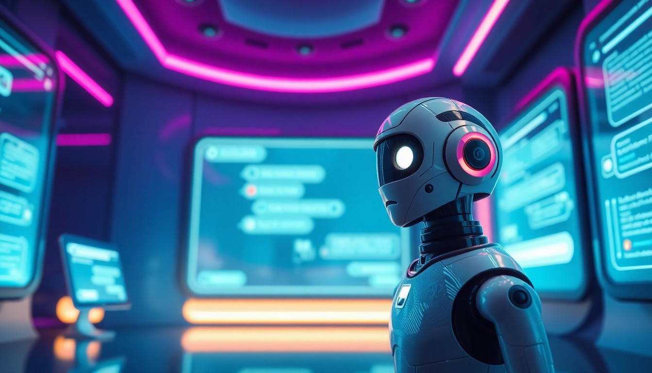 NSFW chat bot engaging in flirtatious conversation within a high-tech, digital environment.