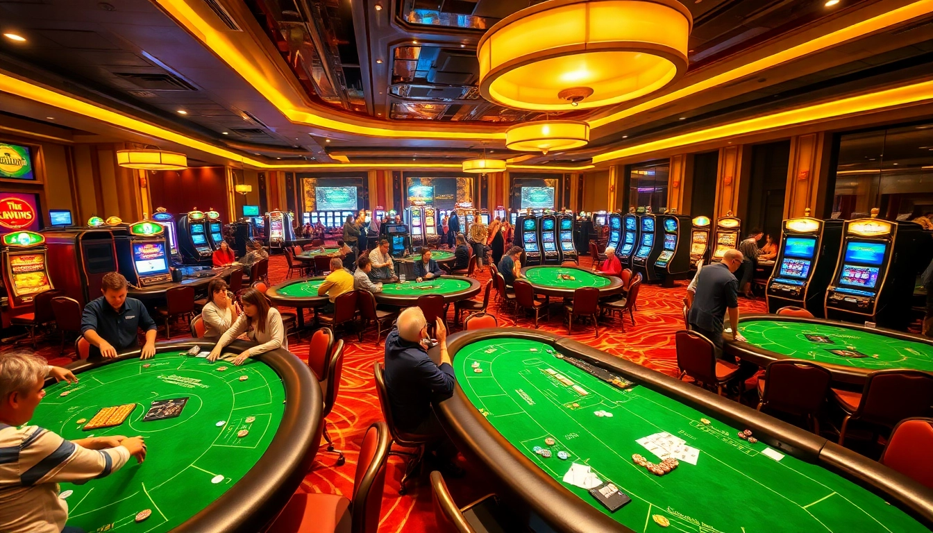 Players enjoying a thrilling night of gambling at rikvip.gb.net with vibrant casino tables and exciting games.