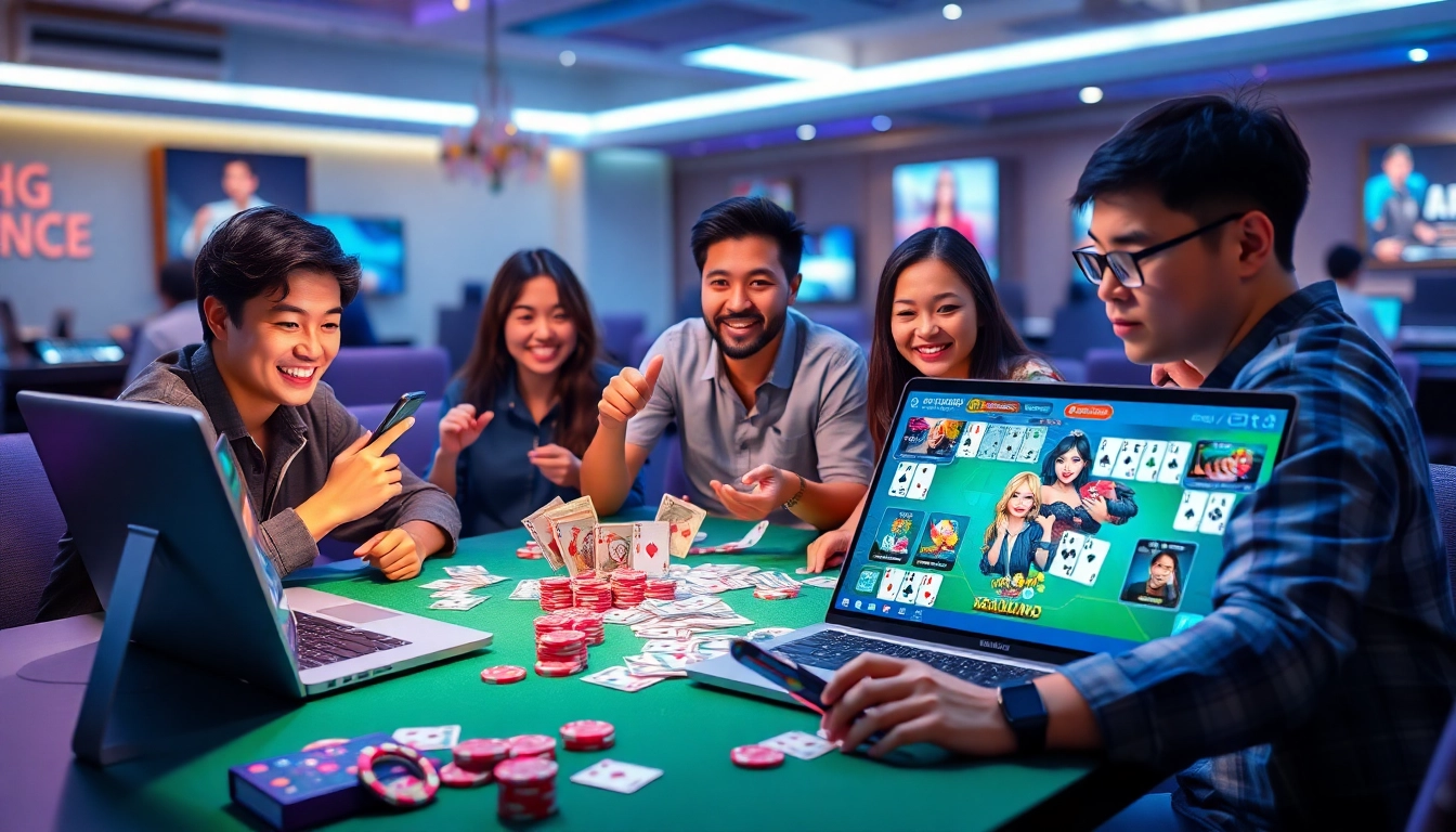 Exciting online gaming scene at gamebaidoithuong.com.vc featuring vibrant card games and joyful players.