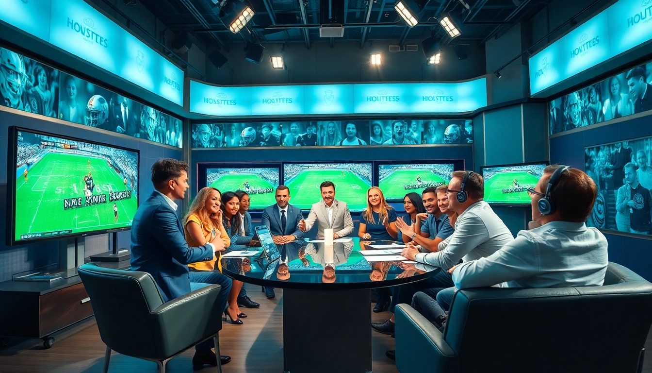 Engaging sports broadcasting studio with commentators discussing live events.