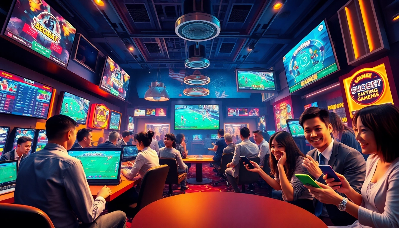 Exciting gaming atmosphere at sbobet.dance featuring live sports betting and poker action.