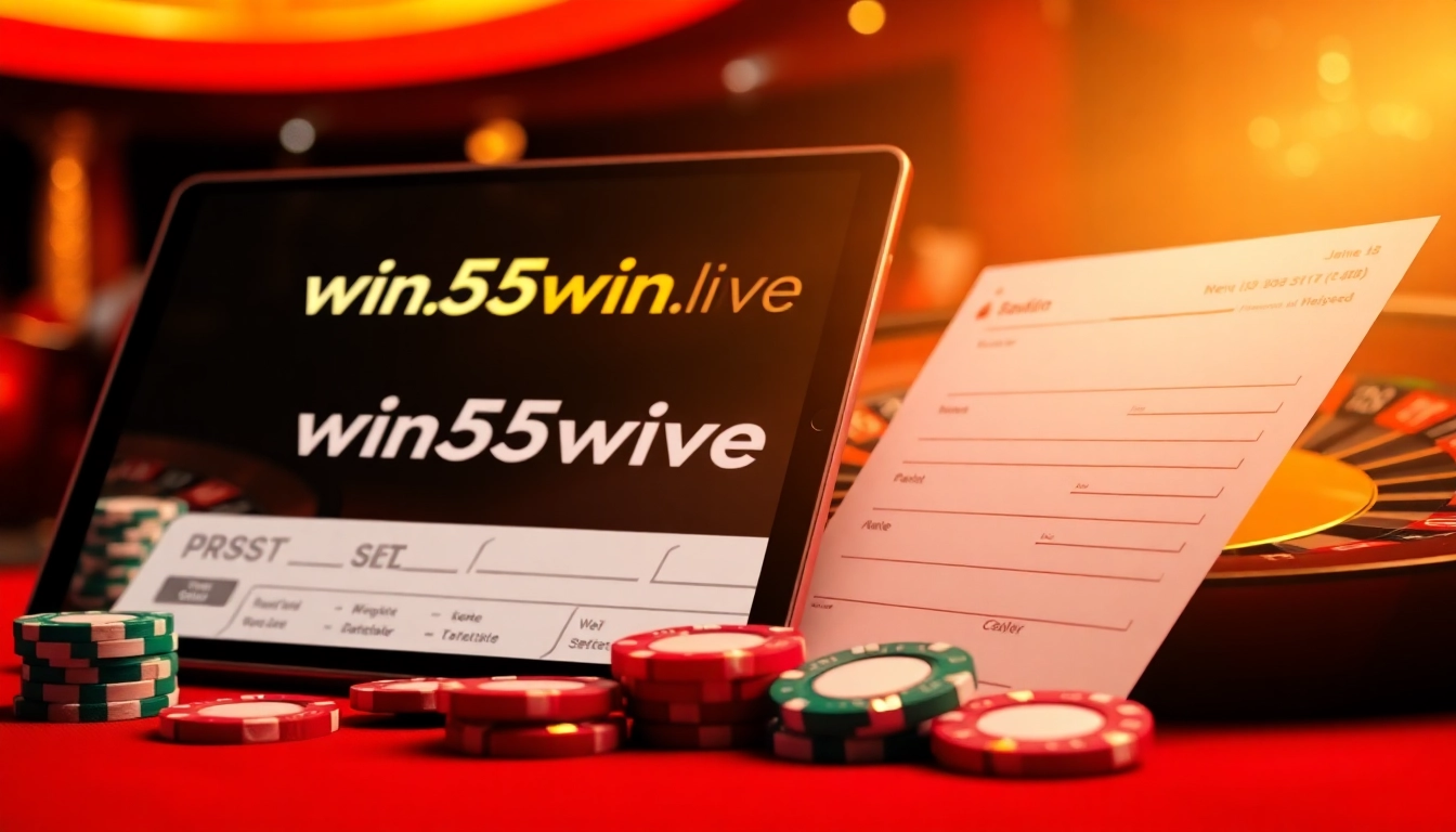 Engaging casino scene with win55win.live logo showcasing roulette and poker elements.