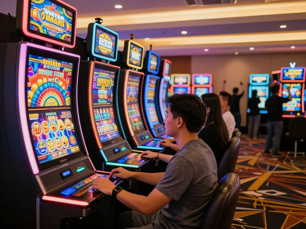 Engaged player celebrating a win at a situs slot gacor machine with vibrant colors and lively atmosphere.
