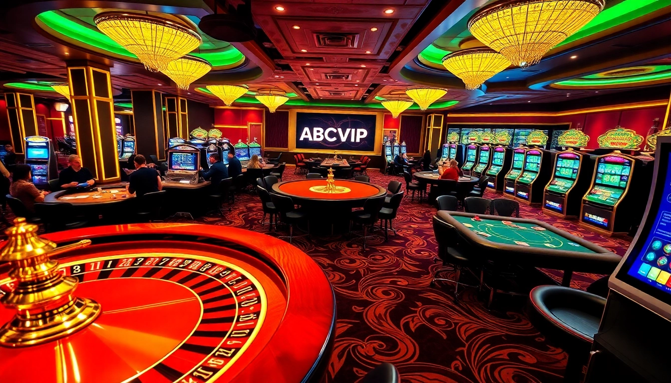 Players enjoy thrilling games at ABCVIP casino, featuring roulette and poker tables filled with excitement.