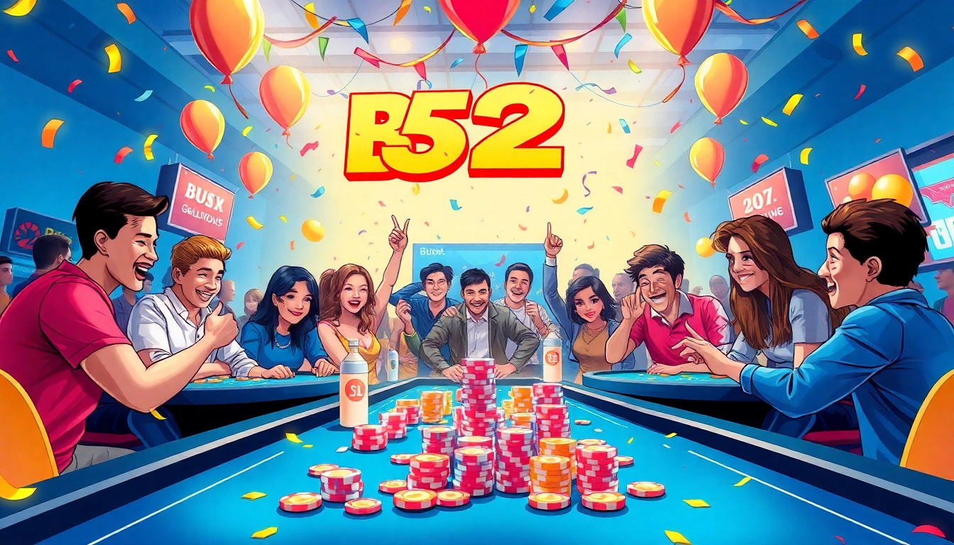 Exciting khuyến mãi b52club event with players celebrating around gaming tables.