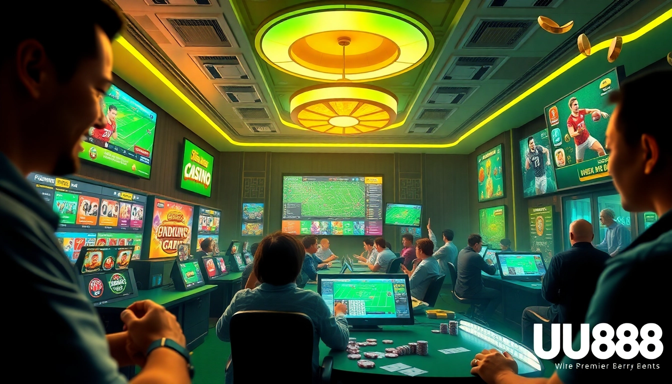 UU88 online betting environment showcasing casino games and sports betting excitement in a vibrant atmosphere.
