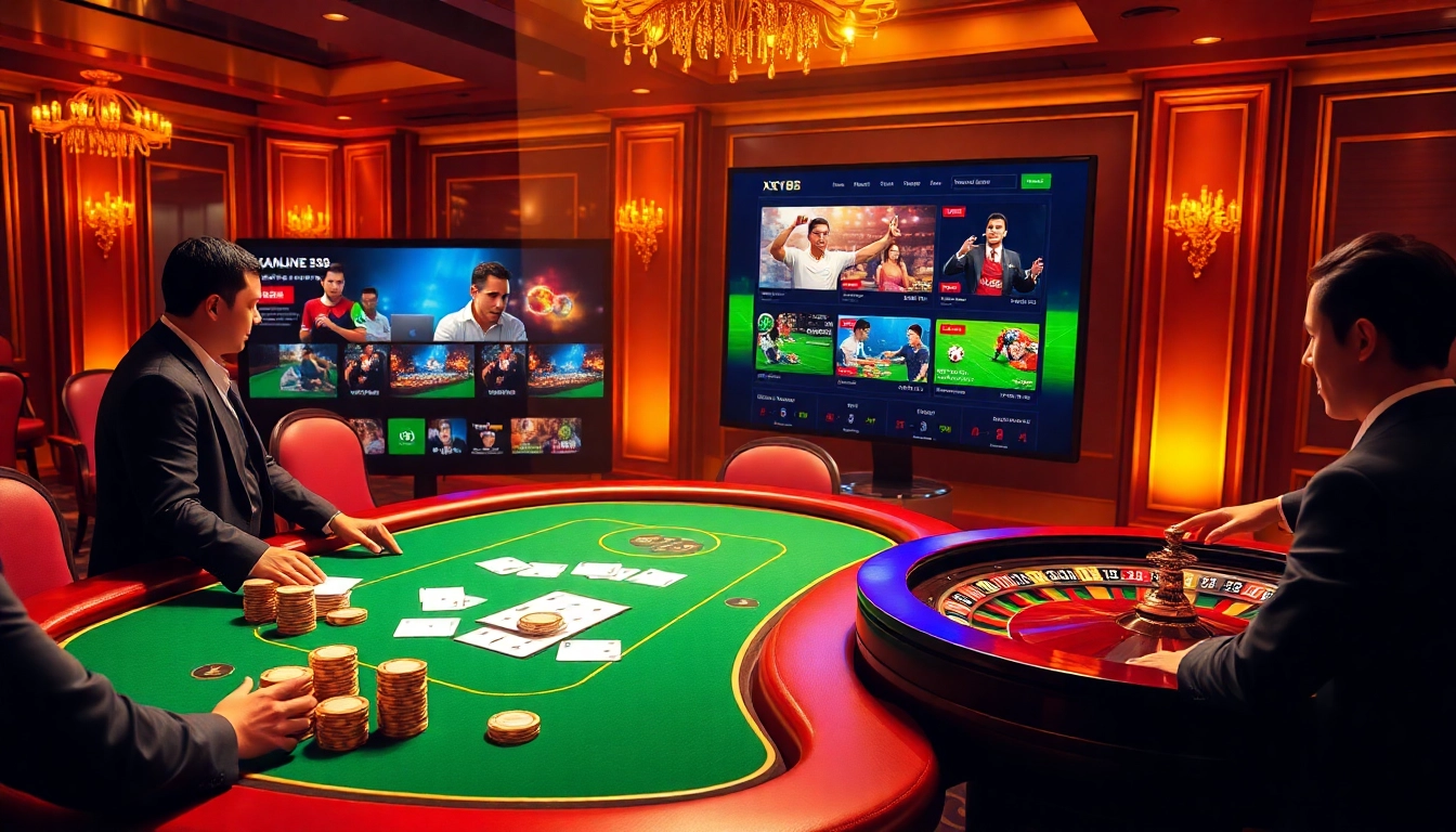 Experience the thrill of online betting at trang chủ xx88 with vibrant gaming visuals showcasing poker chips and roulette wheels.
