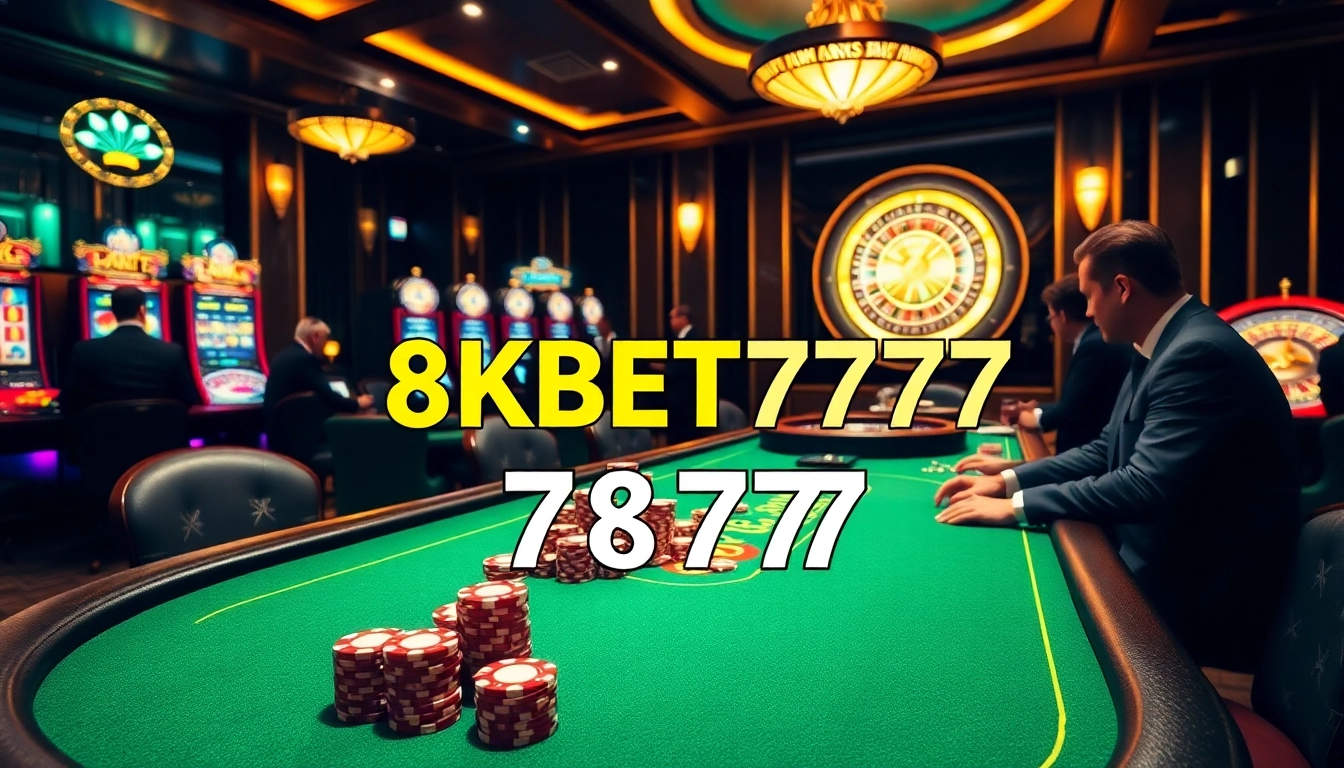 Gamblers enjoying a premium experience at 8KBET 7777 casino tables filled with action.