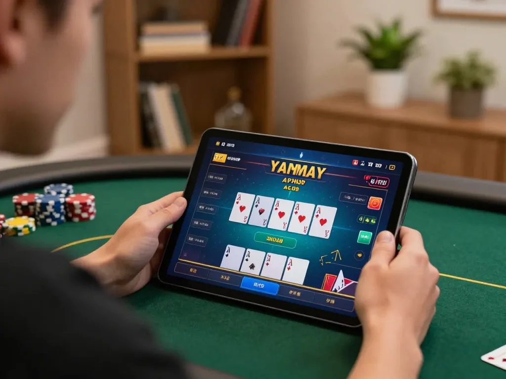 Engaged player at Nhà cái FC88 enjoying poker on tablet in cozy home setting.