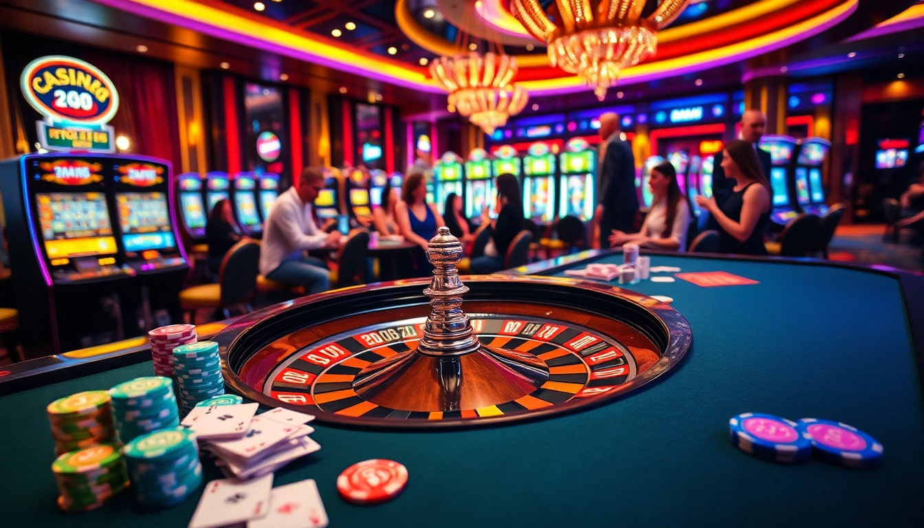 Experience Link 33win at a vibrant casino with poker tables, roulette wheel, and excited players.