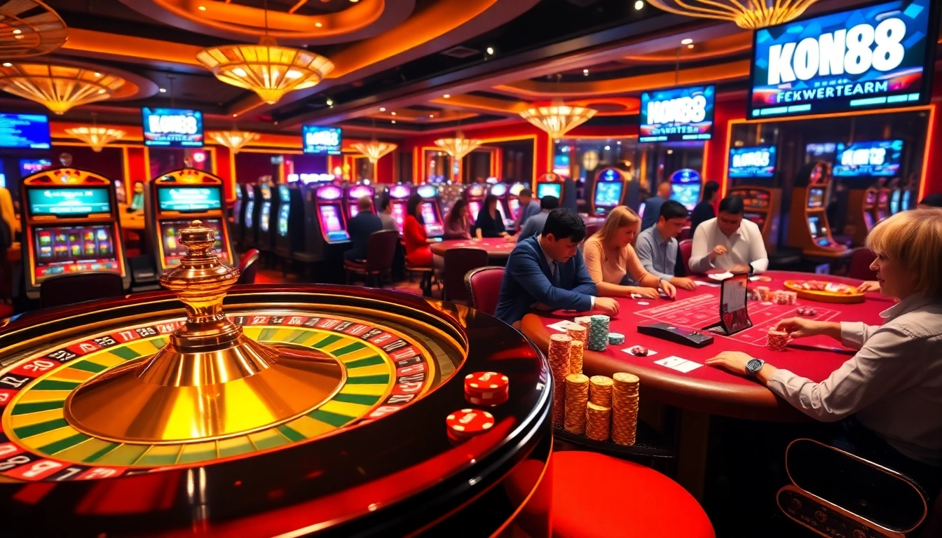 KONG88 casino scene featuring a roulette wheel, poker tables, and vibrant slot machines.