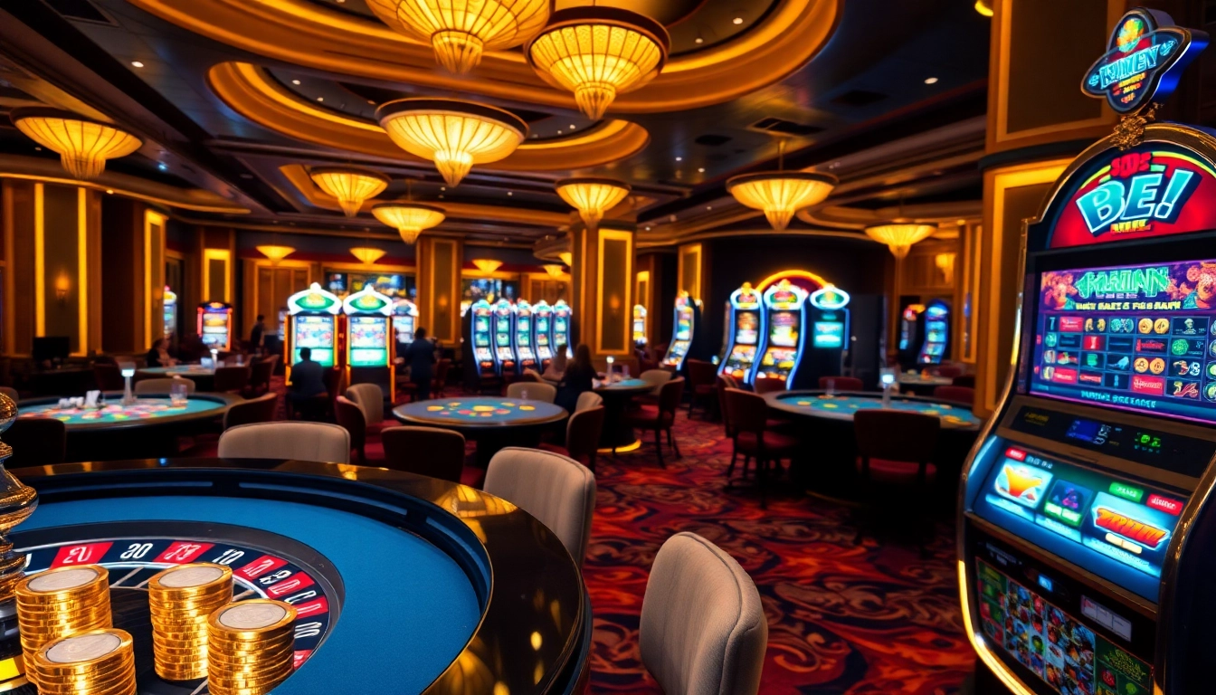 B52 casino players engaging in high-stakes poker, surrounded by vibrant slot machines.