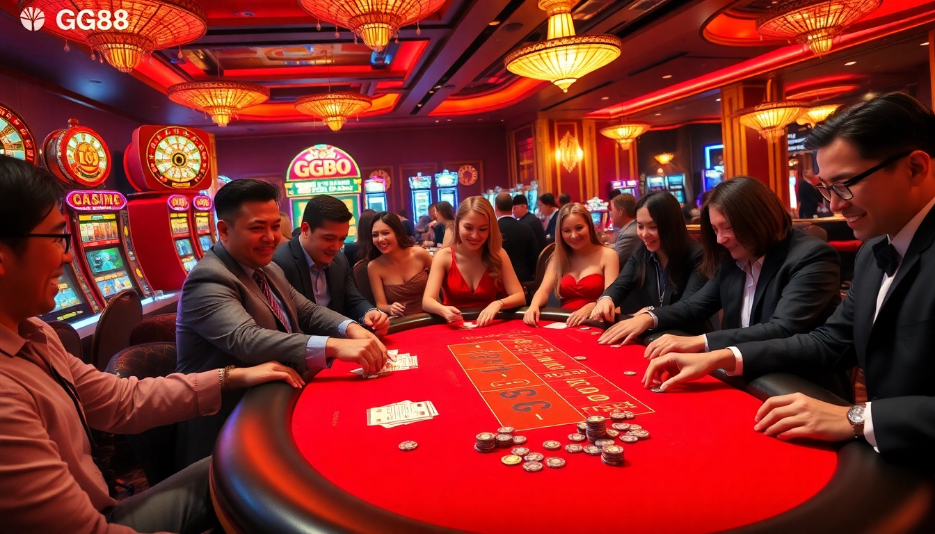 Excited players enjoying the GG88 gaming experience at a lavish casino table surrounded by cards and chips.