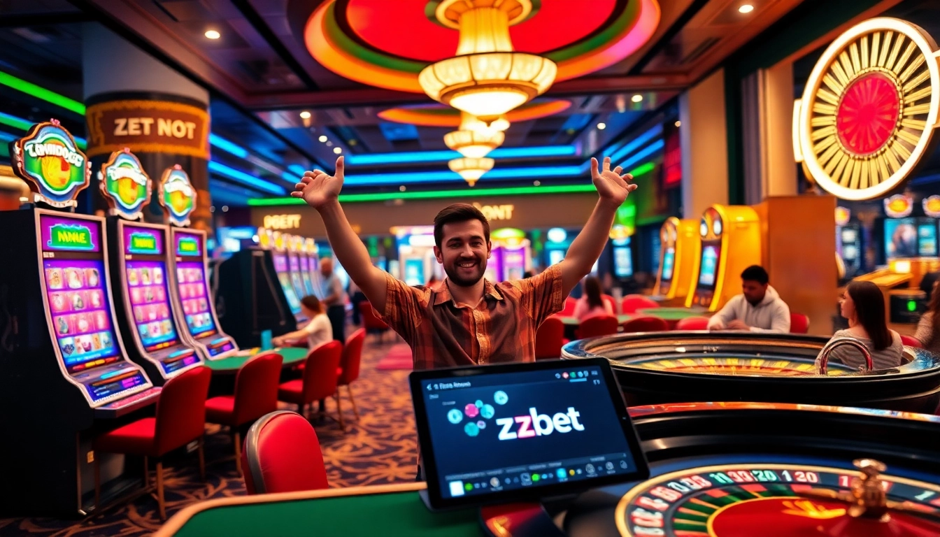 Exciting gaming scene showcasing nhà cái zbet with vibrant slot machines and winning players