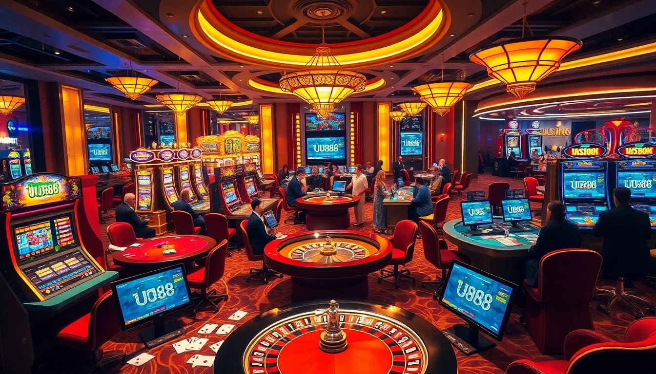 Exciting casino scene showcasing diverse gambling activities at trang chủ UU88 with vibrant gaming elements.