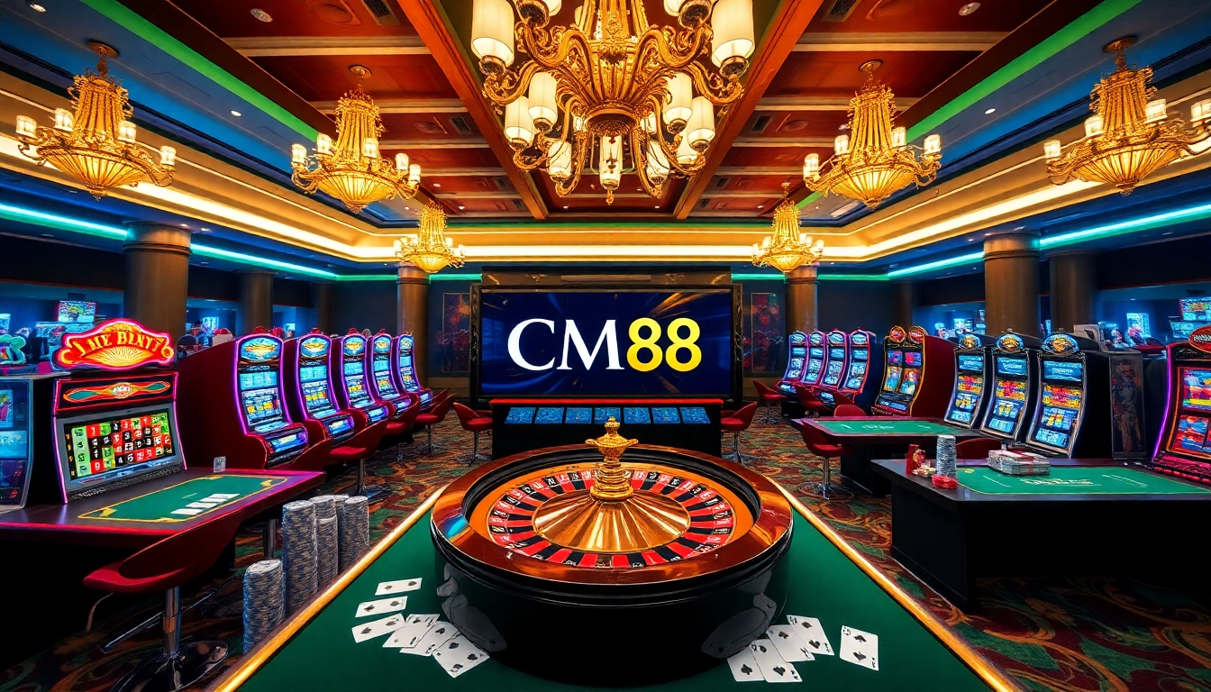 CM88 logo shines amidst vibrant casino scene with roulette wheel and poker chips.