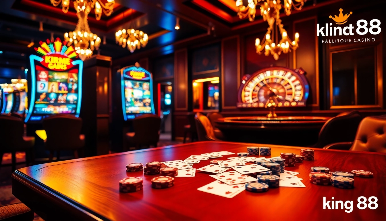 king88 thrilling casino scene with vibrant lights, dice, and luxury atmosphere.