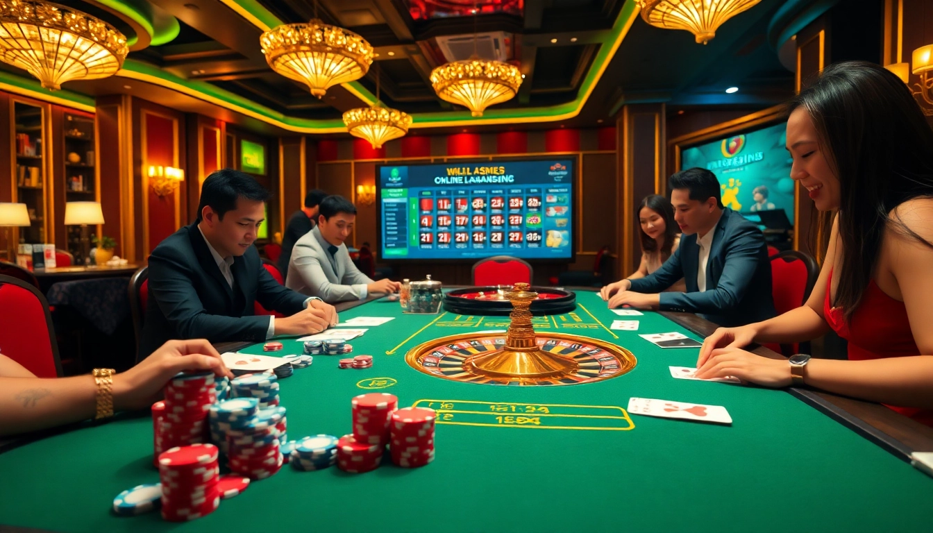 Vibrant casino scene illustrating the excitement of a malaysia online gambling site with players at a roulette table.