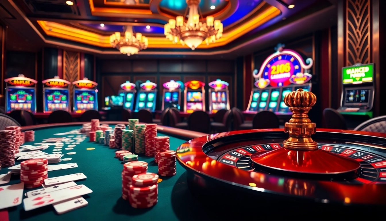 Interact with the dynamic trang chủ UU88 casino experience, featuring elegant tables and vibrant gaming elements.